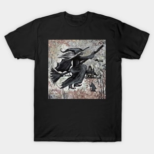 Creepy black and white scary Halloween witch on a broom T-Shirt